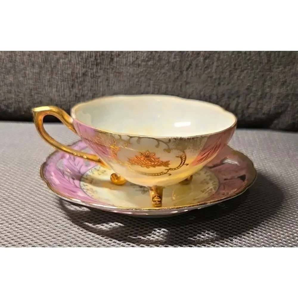 vintage Japanese lusterware porcelain teacup and saucer set Lace Design